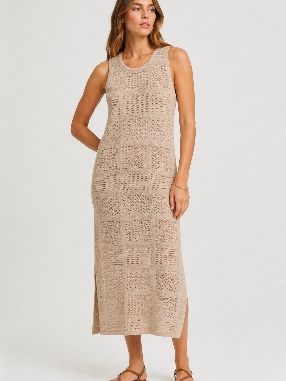 Lucky Brand crochet beach Knit Midi Dress in Beige